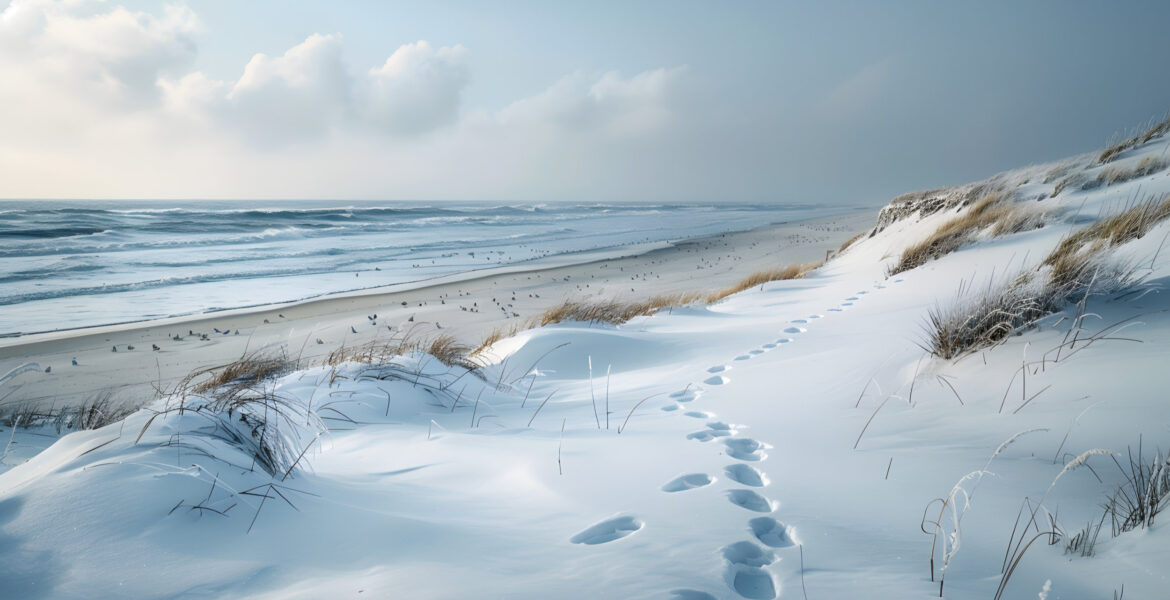 A serene winter beach scene, with snow-covered dunes, a calm, ic